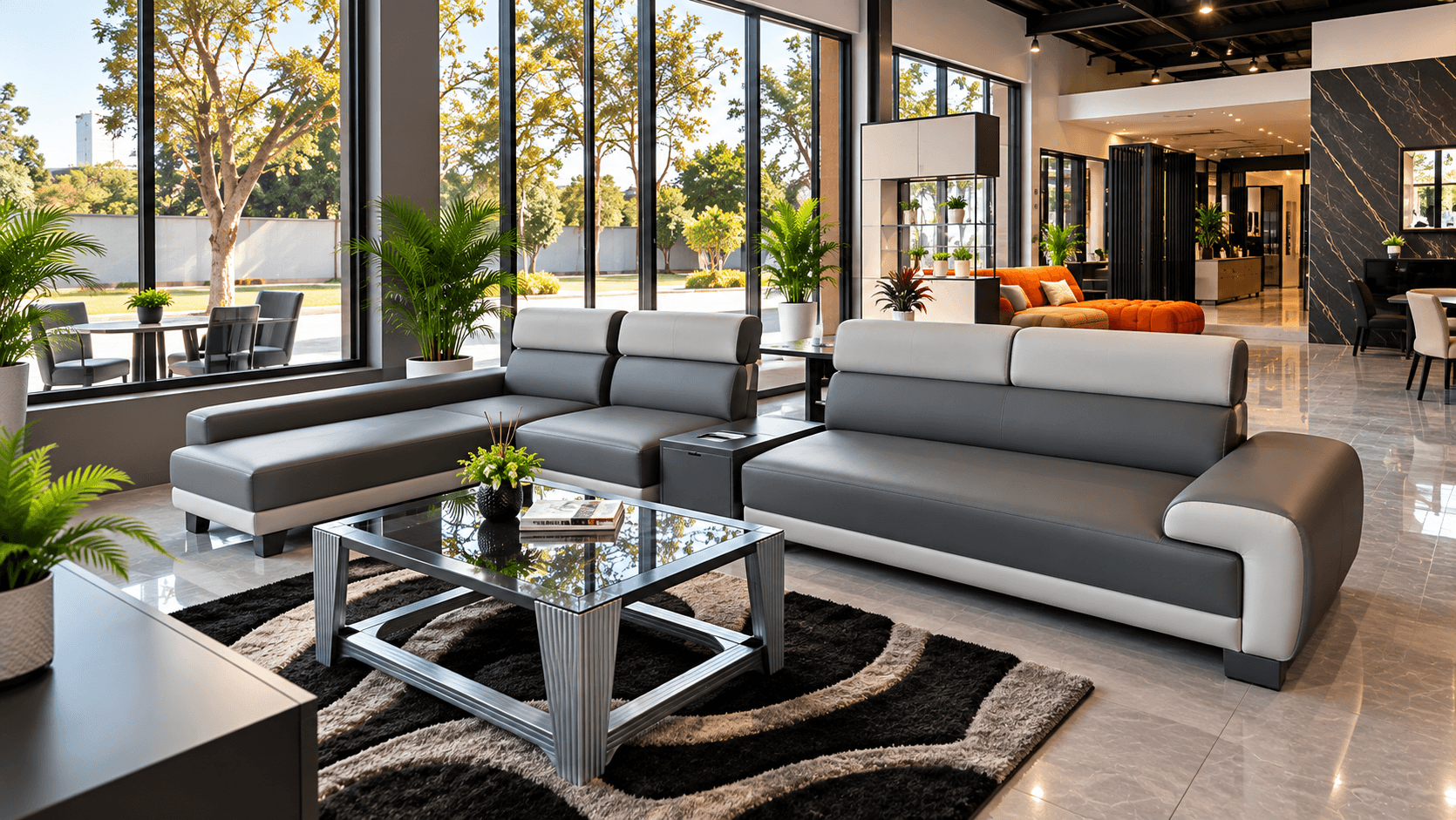 Modern lounge with aluminium-framed windows