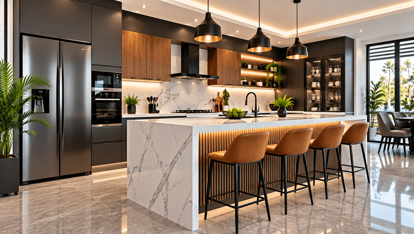 Luxury kitchen with marble island and cabinetry